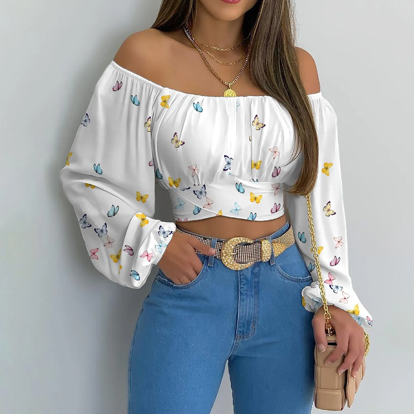 Women Sexy Off Shoulder Blouse Chic and Elegant Printing Lantern Long Sleeve Lace Up Bow Cropped Tops Casual Slim Shirts 2024 - Image 26