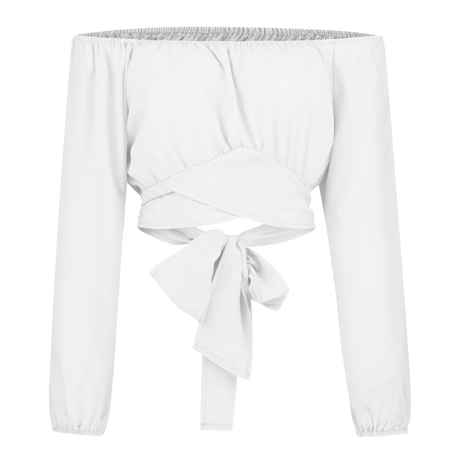 Women Sexy Off Shoulder Blouse Chic and Elegant Printing Lantern Long Sleeve Lace Up Bow Cropped Tops Casual Slim Shirts 2024 - Image 3