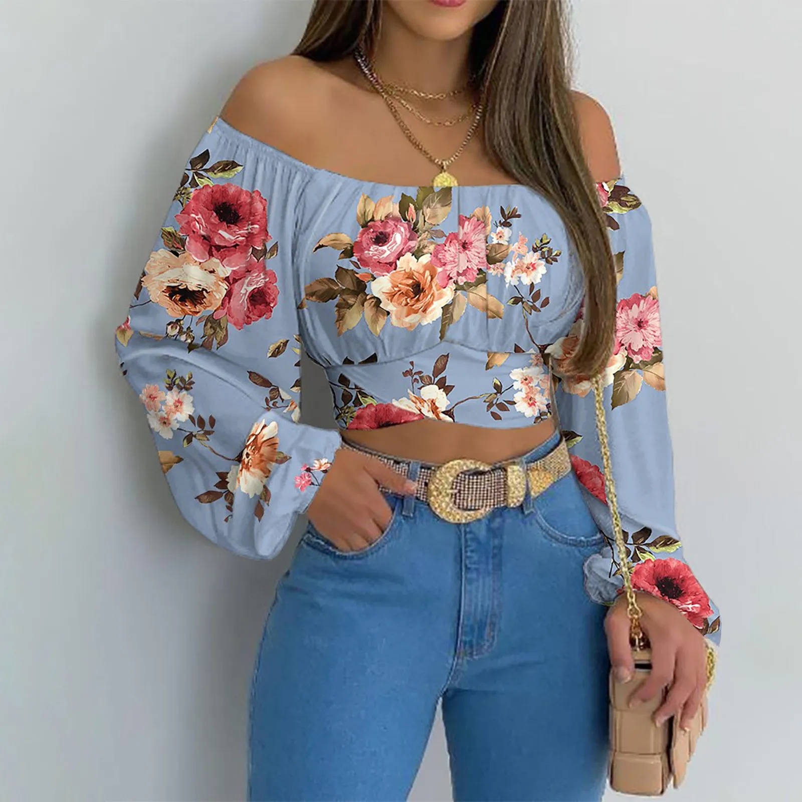 Women Sexy Off Shoulder Blouse Chic and Elegant Printing Lantern Long Sleeve Lace Up Bow Cropped Tops Casual Slim Shirts 2024 - Image 37