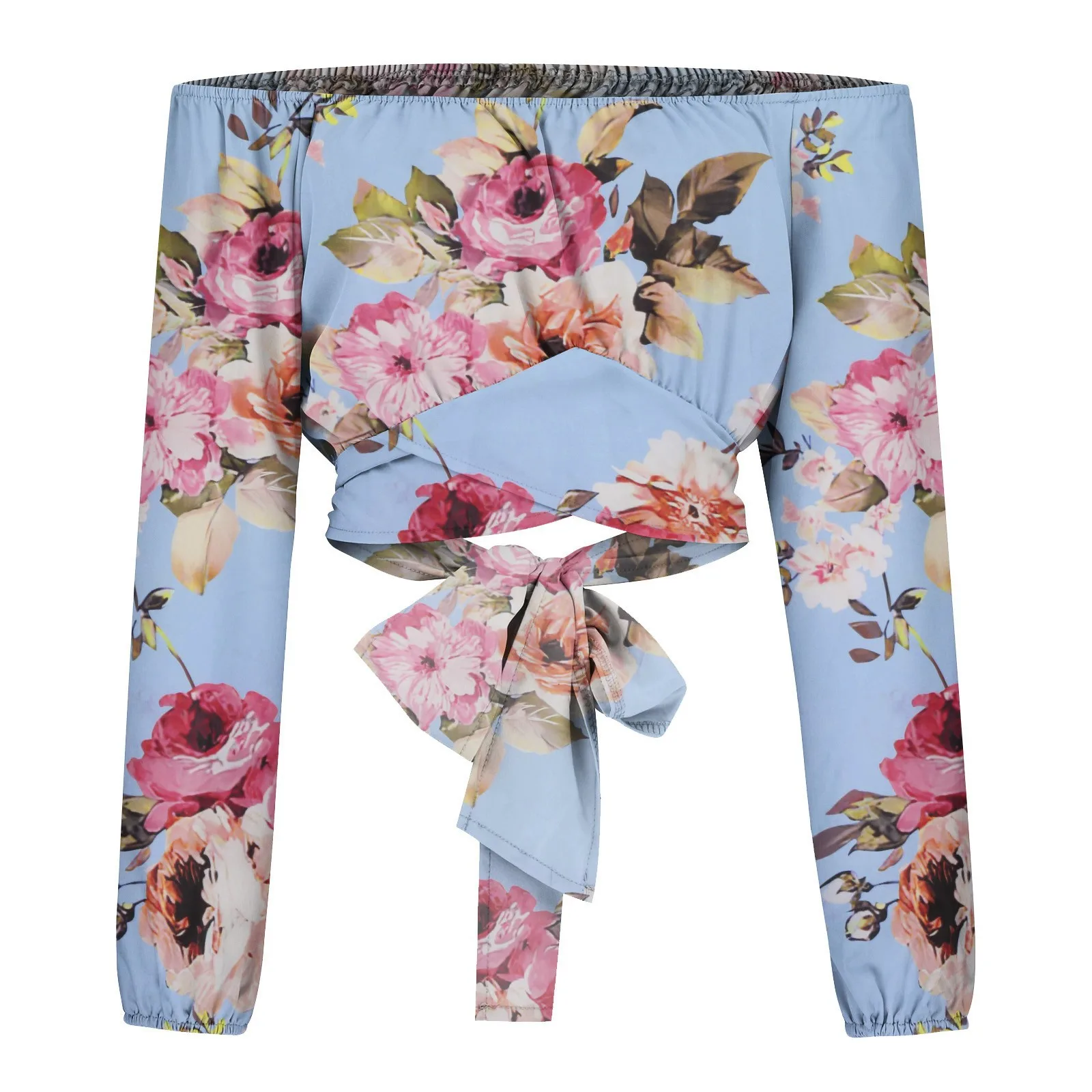 Women Sexy Off Shoulder Blouse Chic and Elegant Printing Lantern Long Sleeve Lace Up Bow Cropped Tops Casual Slim Shirts 2024 - Image 38