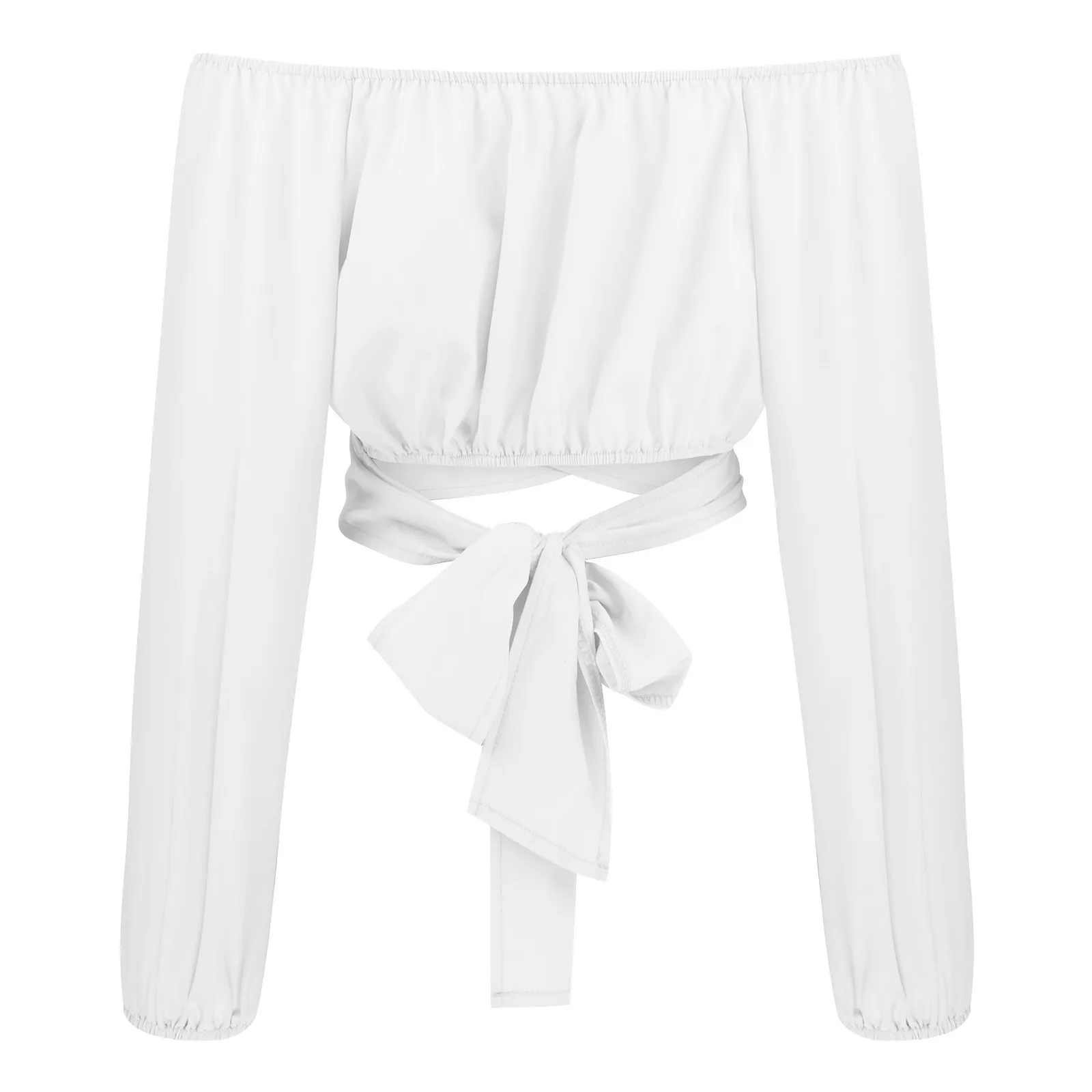 Women Sexy Off Shoulder Blouse Chic and Elegant Printing Lantern Long Sleeve Lace Up Bow Cropped Tops Casual Slim Shirts 2024 - Image 4