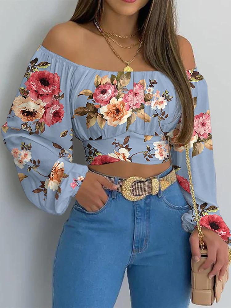 Women Sexy Off Shoulder Blouse Chic and Elegant Printing Lantern Long Sleeve Lace Up Bow Cropped Tops Casual Slim Shirts 2024 - Image 44