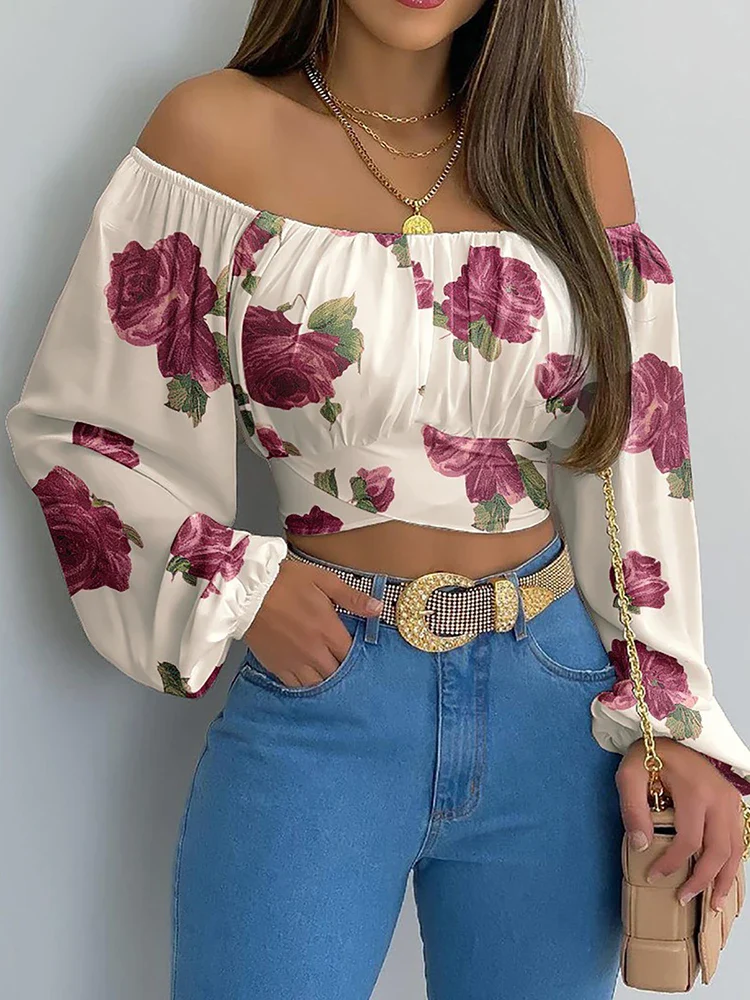 Women Sexy Off Shoulder Blouse Chic and Elegant Printing Lantern Long Sleeve Lace Up Bow Cropped Tops Casual Slim Shirts 2024 - Image 45