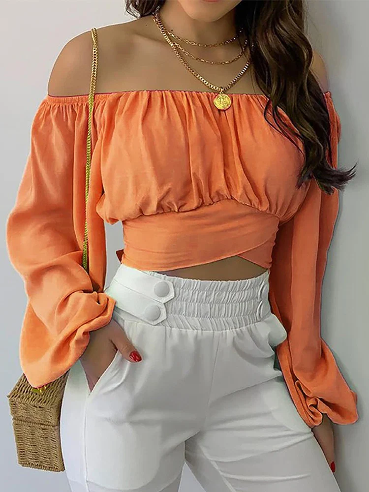 Women Sexy Off Shoulder Blouse Chic and Elegant Printing Lantern Long Sleeve Lace Up Bow Cropped Tops Casual Slim Shirts 2024 - Image 46