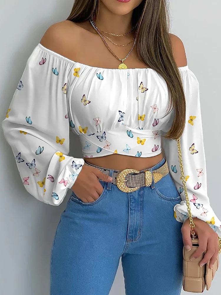 Women Sexy Off Shoulder Blouse Chic and Elegant Printing Lantern Long Sleeve Lace Up Bow Cropped Tops Casual Slim Shirts 2024 - Image 47
