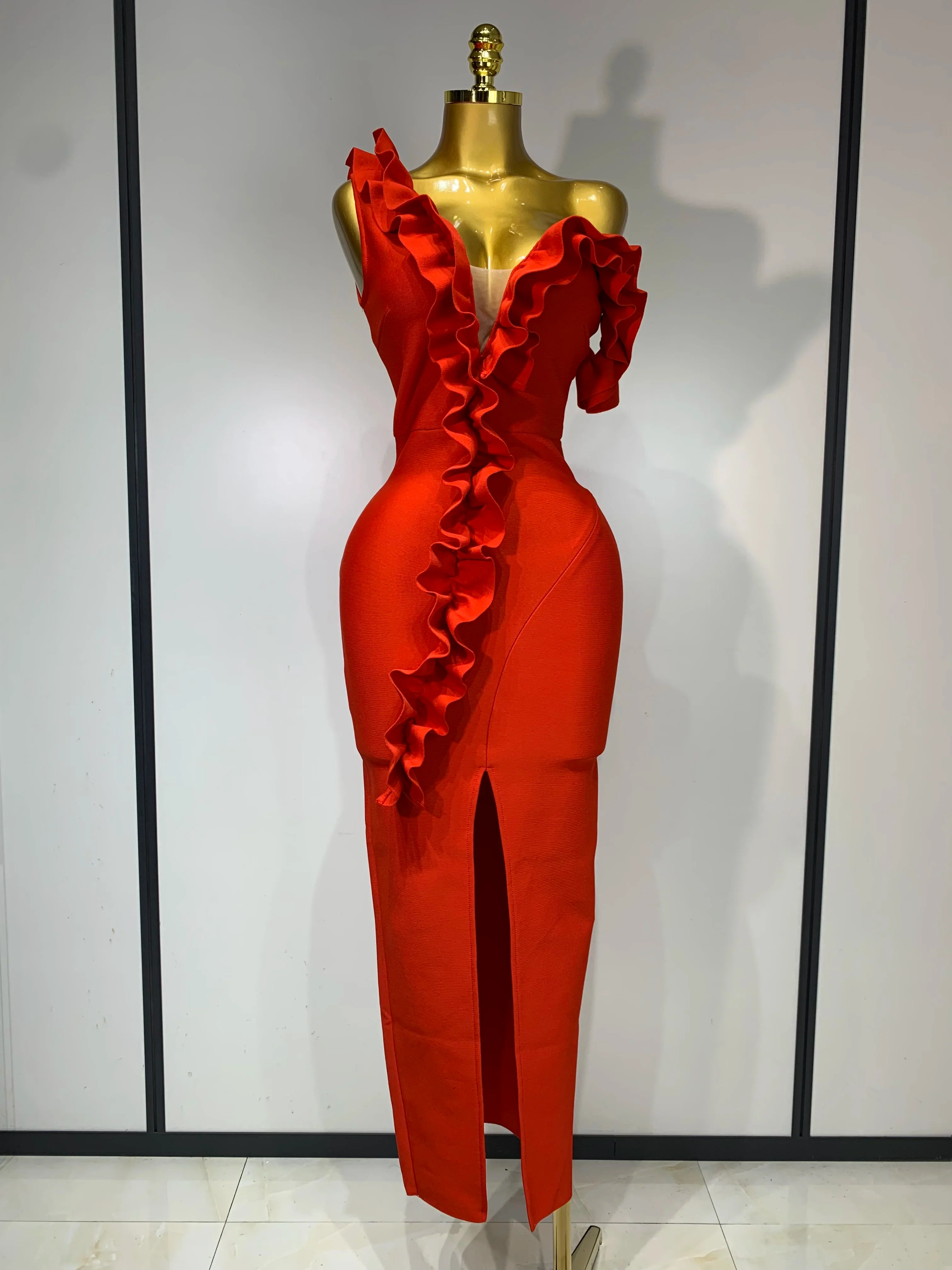 Women Sexy Off Shoulder Ruffles Midi Bodycon Bandage Dress 2025 Knitted Celebrity Elegant Evening Luxury Club Party Dresses
