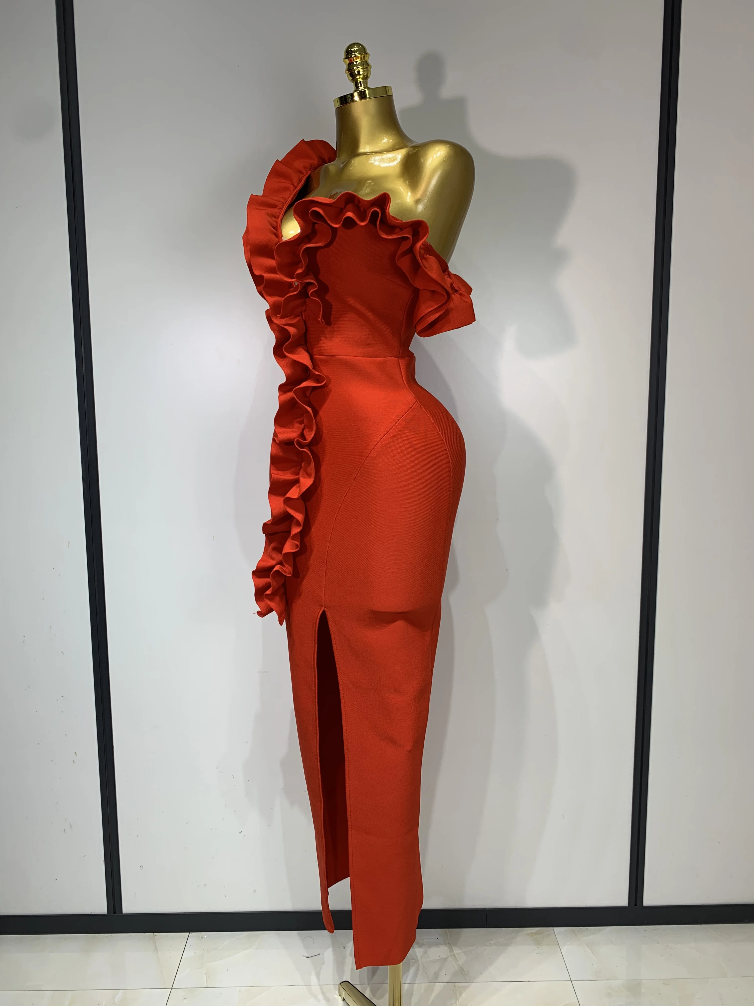 Women Sexy Off Shoulder Ruffles Midi Bodycon Bandage Dress 2025 Knitted Celebrity Elegant Evening Luxury Club Party Dresses - Image 3