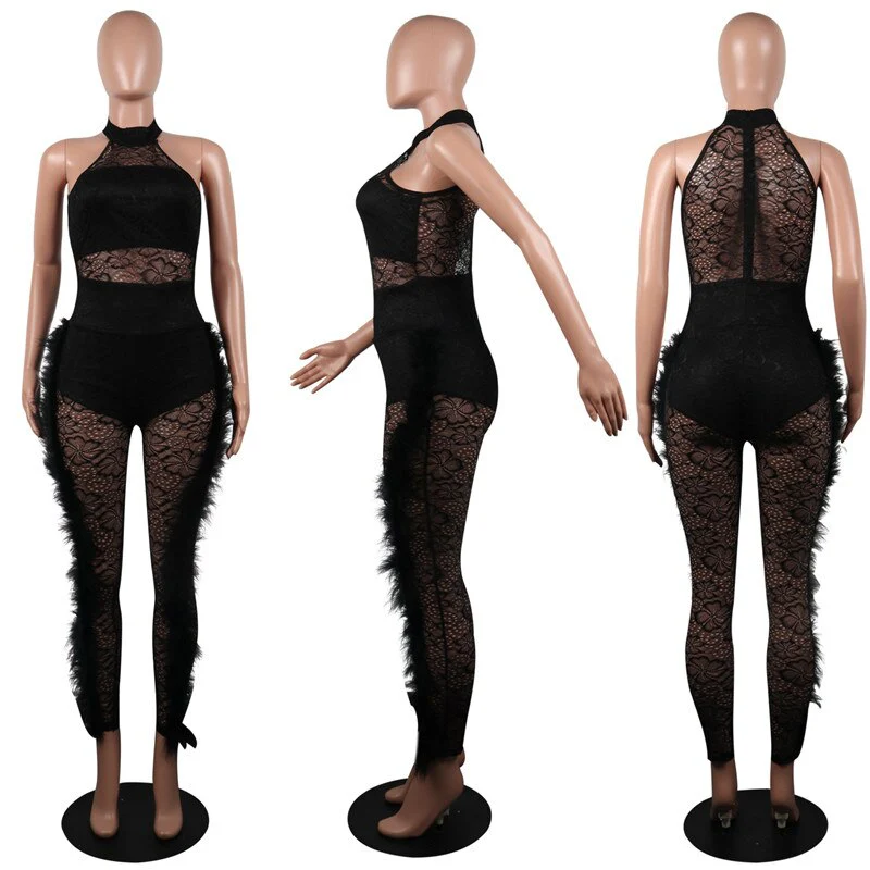 Women Sexy Sheer Lace Jumpsuit Black See Through Mesh Bodysuit - Image 3
