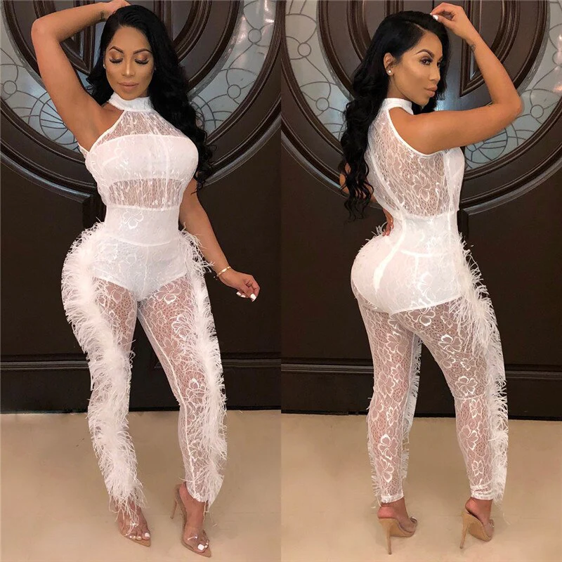 Women Sexy Sheer Lace Jumpsuit Black See Through Mesh Bodysuit - Image 4