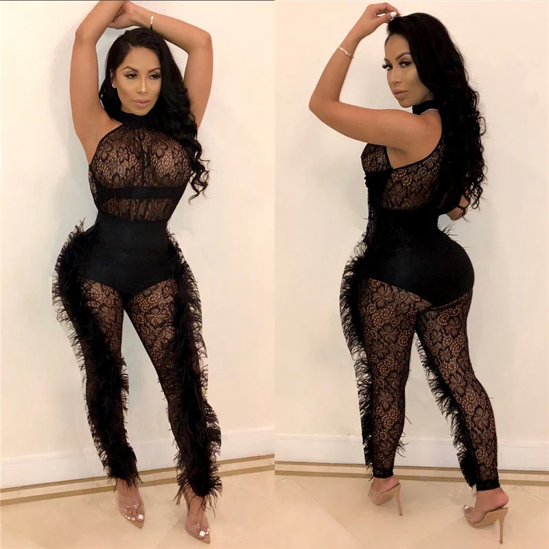 Women Sexy Sheer Lace Jumpsuit Black See Through Mesh Bodysuit - Image 5