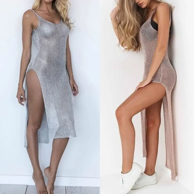 Women Sexy Summer Sunscreen Sheer Mesh Bikini Cover Up Metallic Solid Color Backless High Slit Beach Club Party Sleeveless Dress - Image 4