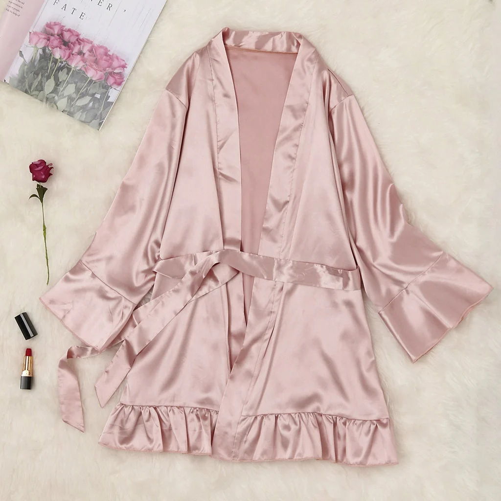 Women Sexy V-neck Silk Satin Night Dress Lace Sleepwear Nightwear Long Sleeve Nighties - Image 9