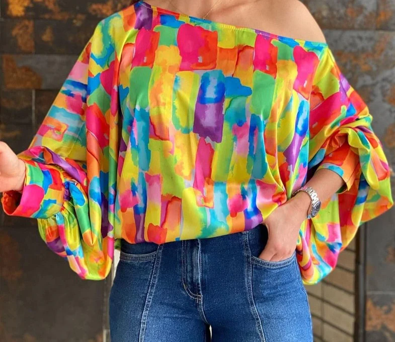 Women Shirt  Lantern Sleeve Colorblock Top Slash Neck Casual Blouse Top - Image 2
