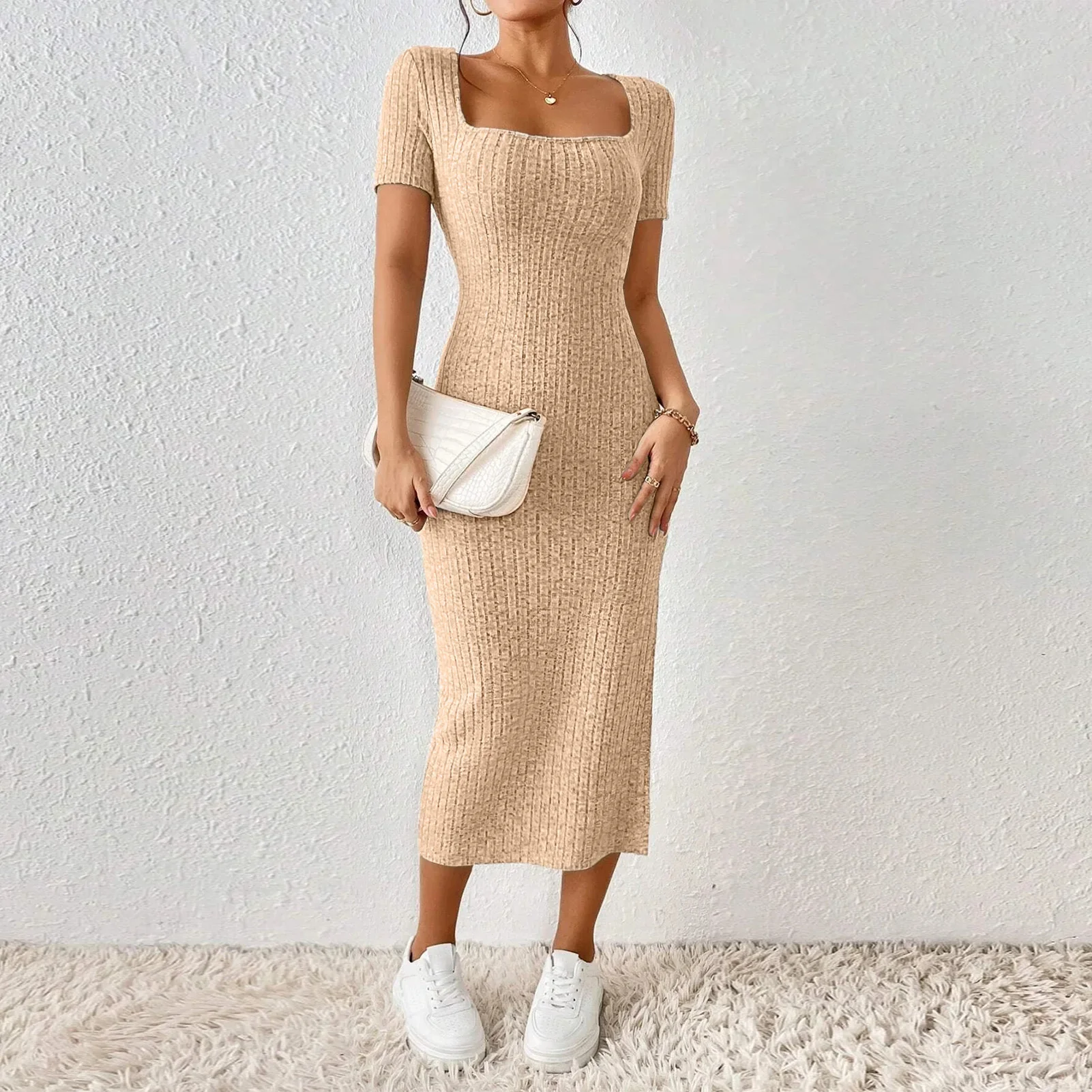 Women Short Sleeve Dress Soft Knitted Elegant Bodyon Dress Casual Skinny Slim Fit Pullover Commuting Midi Dress - Image 4
