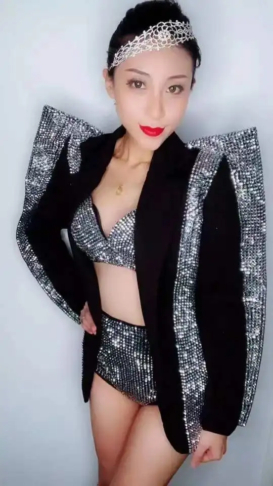 Women Singer Dance Bra Short Jacket Wear Sparkly Silver Rhinestones Outfit Set Nightclub Clothes Black Wear Birthday Outfit Set - Image 4