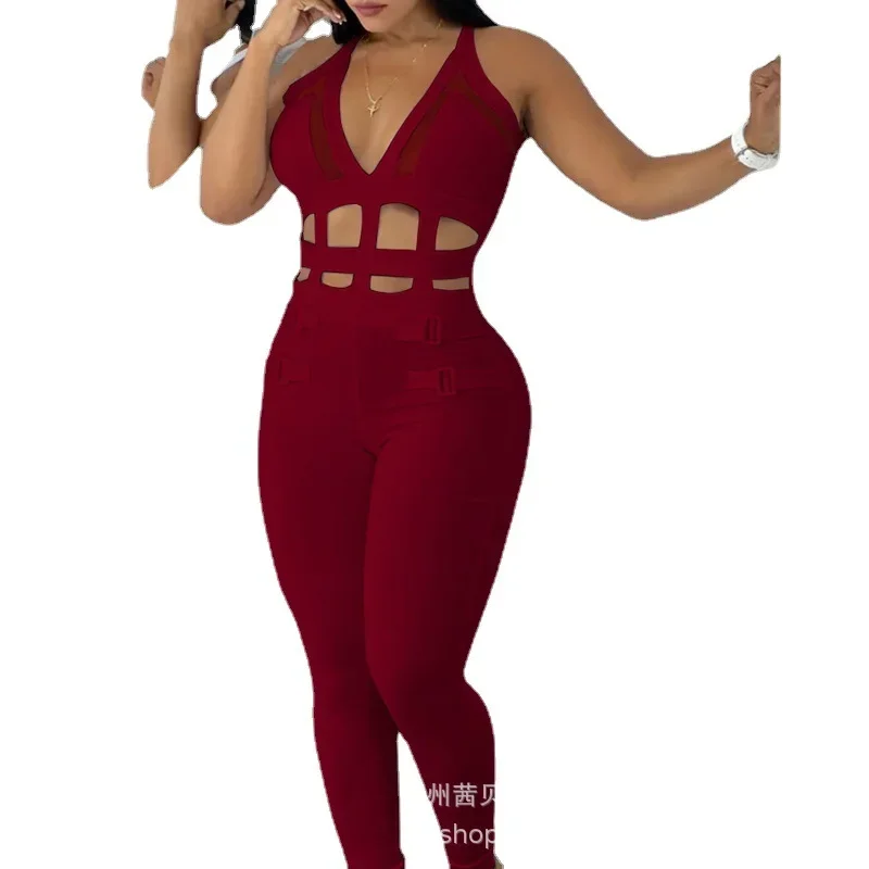 Women Sleeveless Hollow Out Overall Pants Jumpsuit High Waist Solid Color Sexy Slim Fashion Pants Slim - Image 2