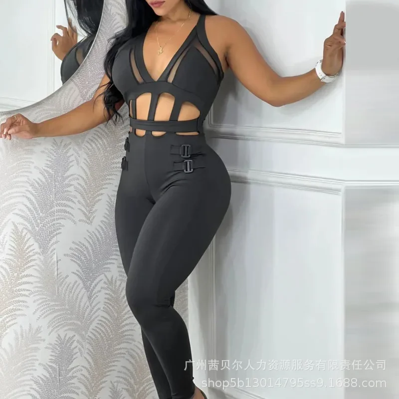 Women Sleeveless Hollow Out Overall Pants Jumpsuit High Waist Solid Color Sexy Slim Fashion Pants Slim - Image 3
