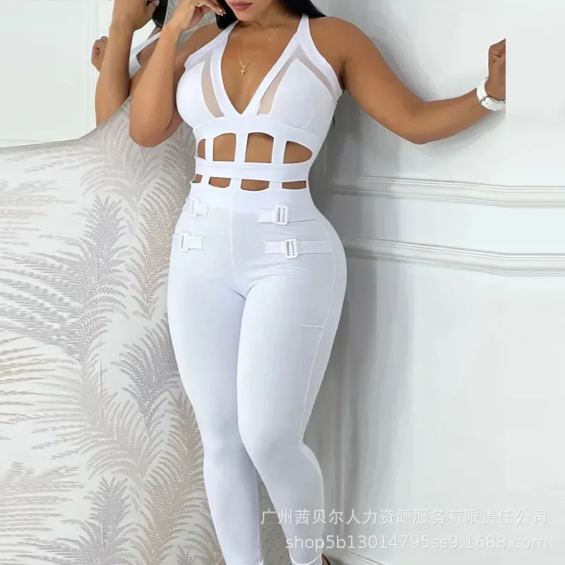 Women Sleeveless Hollow Out Overall Pants Jumpsuit High Waist Solid Color Sexy Slim Fashion Pants Slim - Image 4