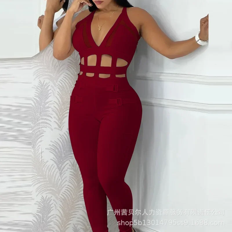 Women Sleeveless Hollow Out Overall Pants Jumpsuit High Waist Solid Color Sexy Slim Fashion Pants Slim - Image 5