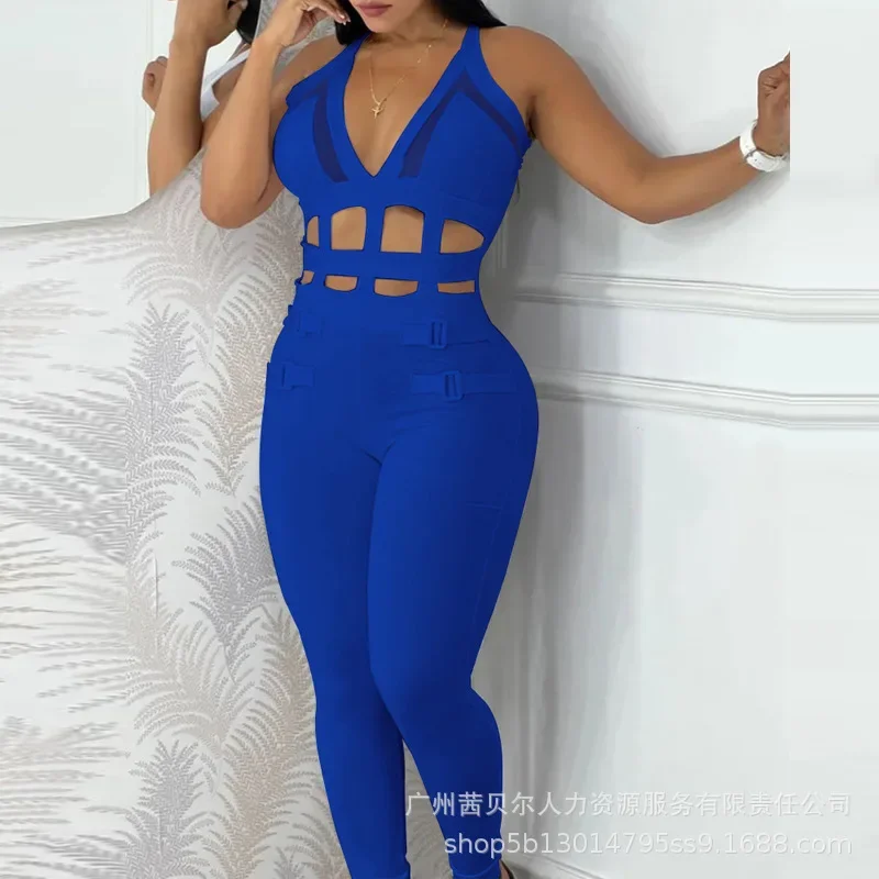 Women Sleeveless Hollow Out Overall Pants Jumpsuit High Waist Solid Color Sexy Slim Fashion Pants Slim - Image 6