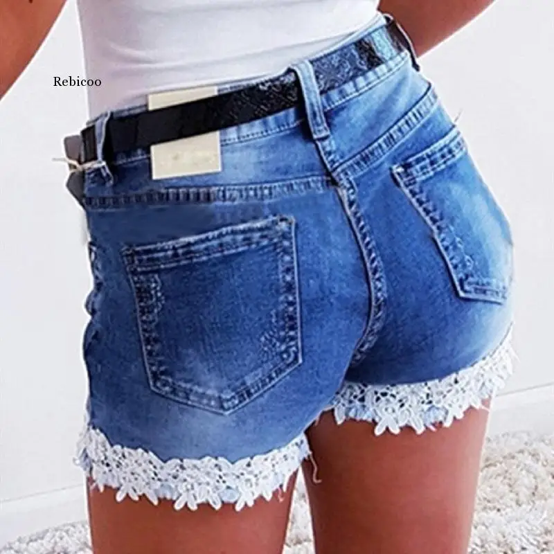 Women Slim Denim Shorts Stretch Lace Stitching Jeans Shorts Ladies Casual Regular Short - Image 2