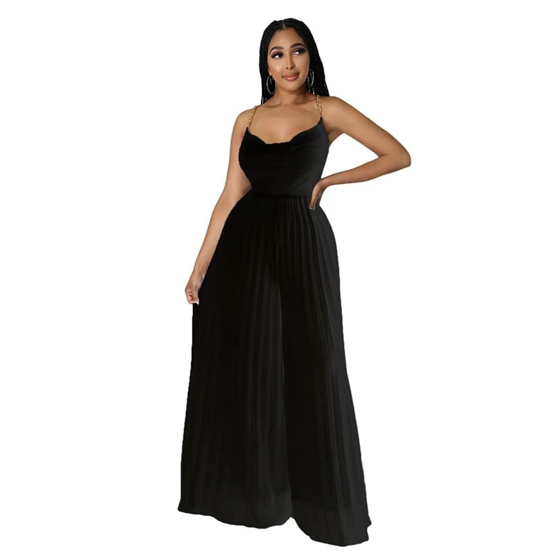 Sexy Women Solid Chiffon Jumpsutis Summer Chain Spaghetti Strap Backless Pleated  Overall - Image 3