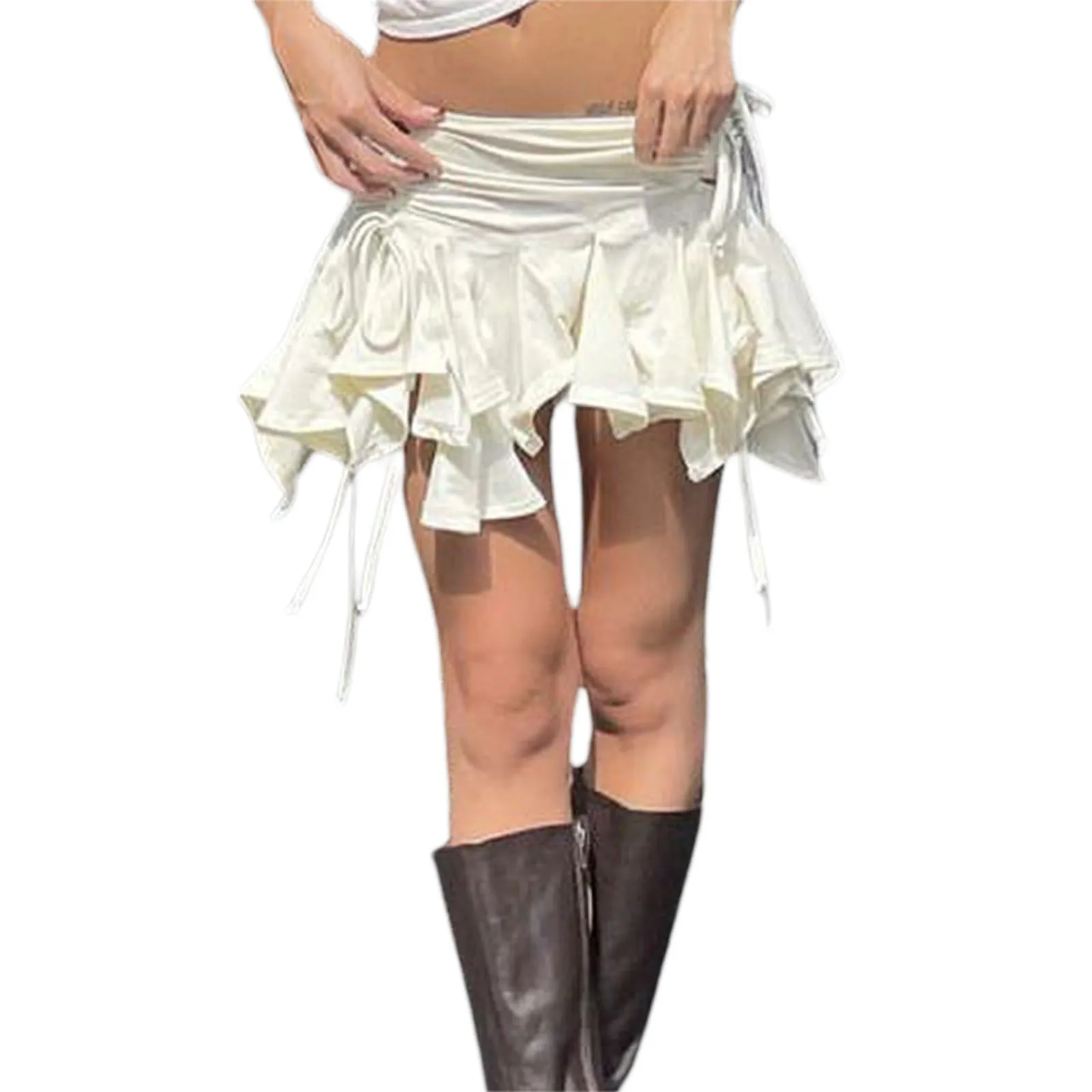 Women Solid Color Gothic Punk Irregular Skirts Summer Fashion Drawstring Tie-Up Ruched Ruffles Mini Skirt  Black/White - Image 4
