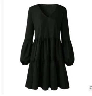 Women Solid Ruffles Hem Autumn Winter Mini Dress V Neck Long Sleeve Casual Loose Basic Spring Party Female Red Green Dresses - Image 6
