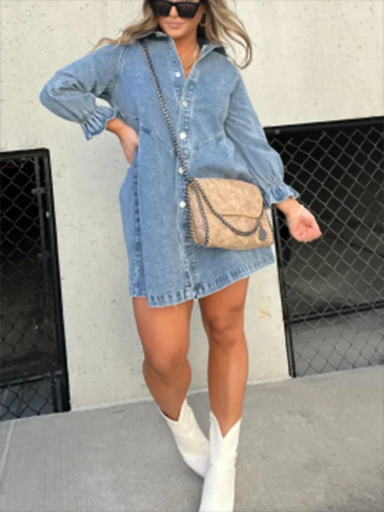 Women Solid Short Sexy Jean Dress Female Autumn Winter Short Sleeve Elegant Casual Backless Pullover Denim Dress 2023 - Image 2