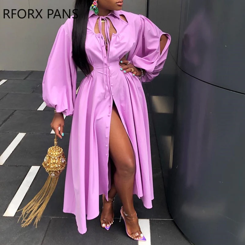 Women Solid Tape Hollow out Button Puff Sleeves Maxi Sexy Midriff Dress - Image 3