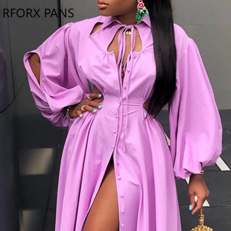 Women Solid Tape Hollow out Button Puff Sleeves Maxi Sexy Midriff Dress - Image 4