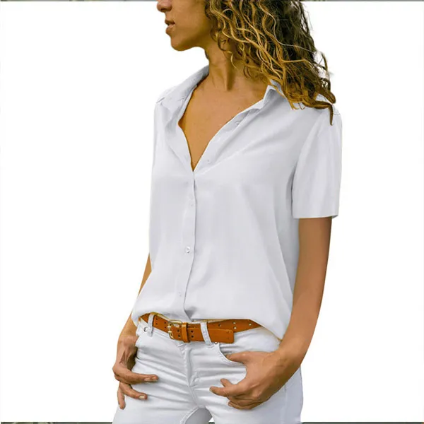 Women Solid White Blouse Tops Office Lady Work Chiffon Button 2022 Summer Short Sleeve Yellow Red Female Blouses Shirts Femme - Image 4