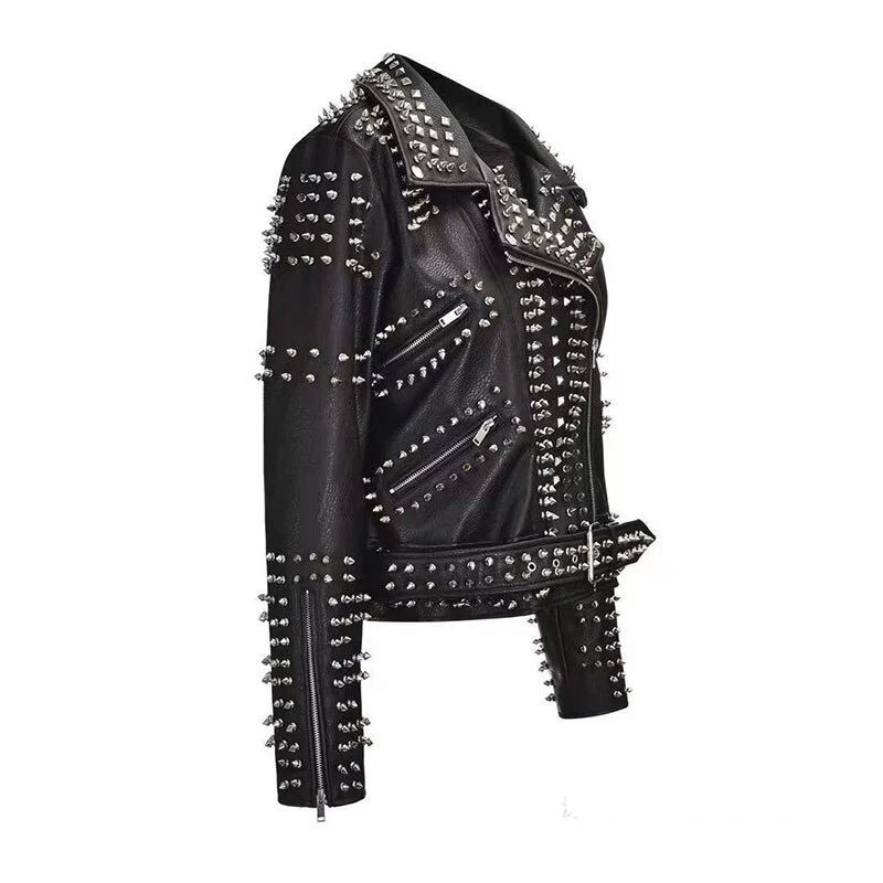 Sexy Women Spring Rivet Death Patch Fuax Leather Jackets For Punk Rock Rivet Streetwear - Image 17
