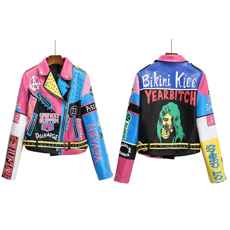 Sexy Women Spring Rivet Death Patch Fuax Leather Jackets For Punk Rock Rivet Streetwear - Image 2