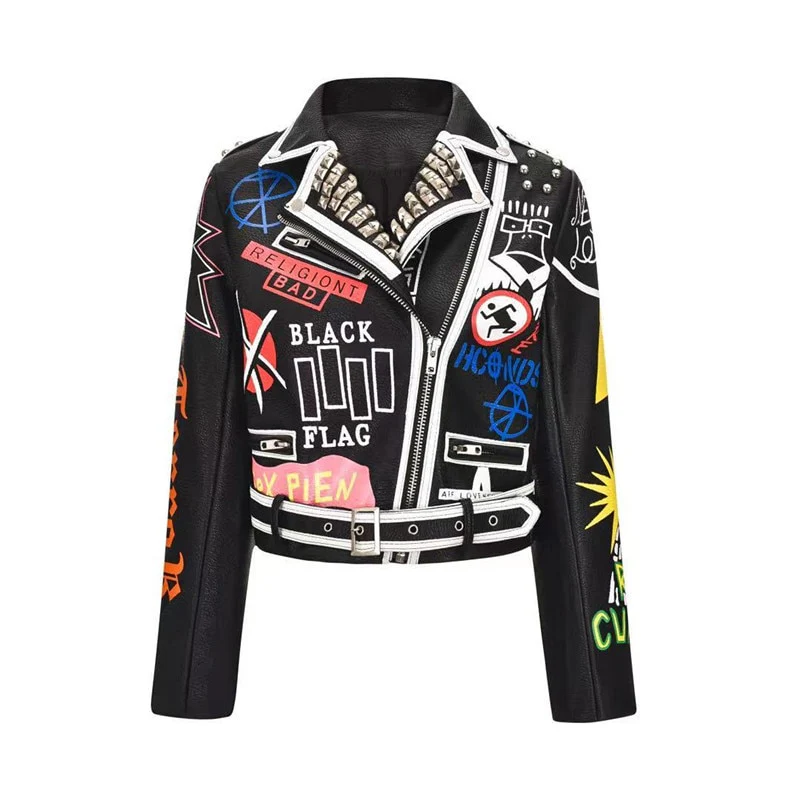 Sexy Women Spring Rivet Death Patch Fuax Leather Jackets For Punk Rock Rivet Streetwear - Image 4