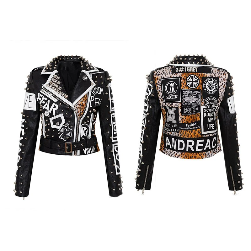 Sexy Women Spring Rivet Death Patch Fuax Leather Jackets For Punk Rock Rivet Streetwear - Image 5