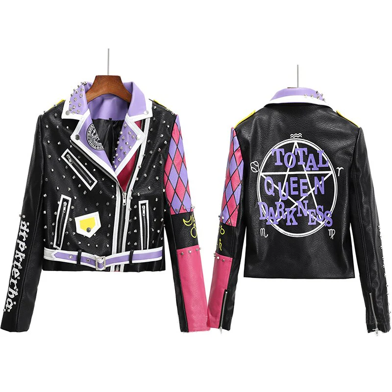 Sexy Women Spring Rivet Death Patch Fuax Leather Jackets For Punk Rock Rivet Streetwear - Image 7