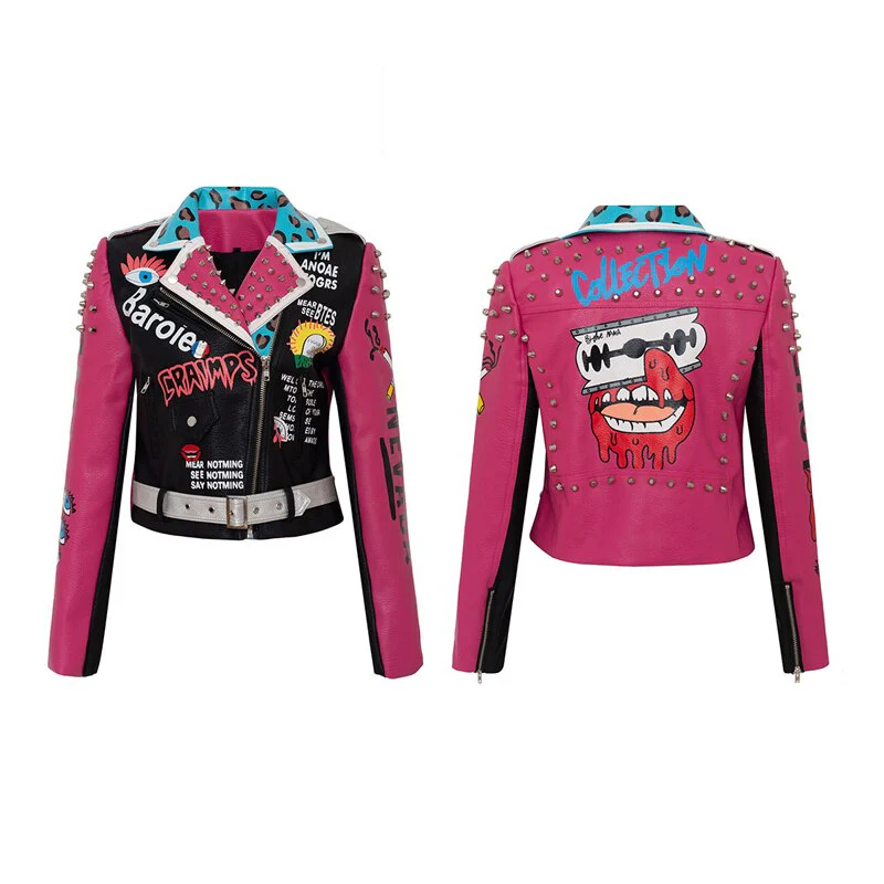 Sexy Women Spring Rivet Death Patch Fuax Leather Jackets For Punk Rock Rivet Streetwear - Image 9