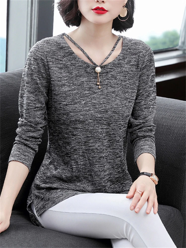 Women Spring Summer Style T-Shirts Tops Lady Casual Long Sleeve O-Neck Gray Tees Shirts DF3026 - Image 6