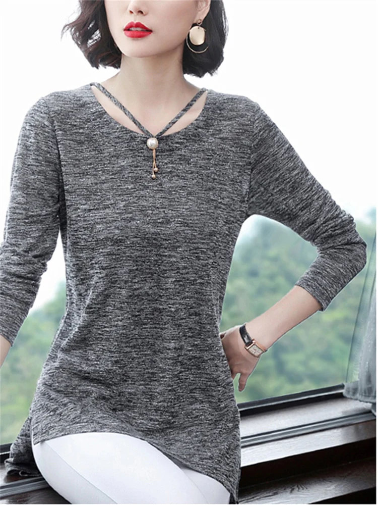 Women Spring Summer Style T-Shirts Tops Lady Casual Long Sleeve O-Neck Gray Tees Shirts DF3026 - Image 7