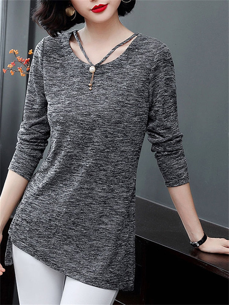 Women Spring Summer Style T-Shirts Tops Lady Casual Long Sleeve O-Neck Gray Tees Shirts DF3026 - Image 8