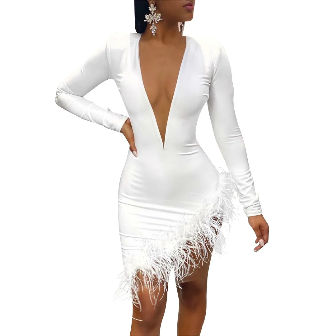 Sexy Women Spring Winter Mini Dress 2020 V-Neck Mesh Feather Patchwork Sexy Night Club - Image 3