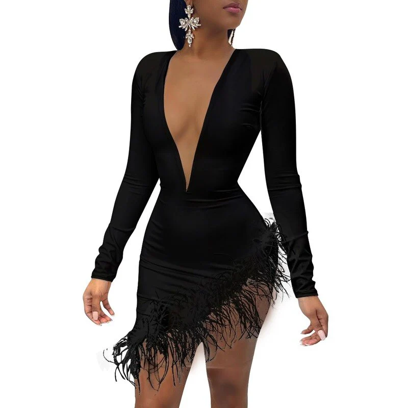 Sexy Women Spring Winter Mini Dress 2020 V-Neck Mesh Feather Patchwork Sexy Night Club - Image 4
