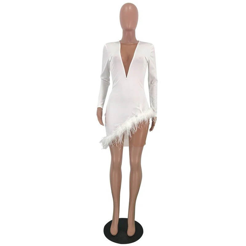 Sexy Women Spring Winter Mini Dress 2020 V-Neck Mesh Feather Patchwork Sexy Night Club - Image 6