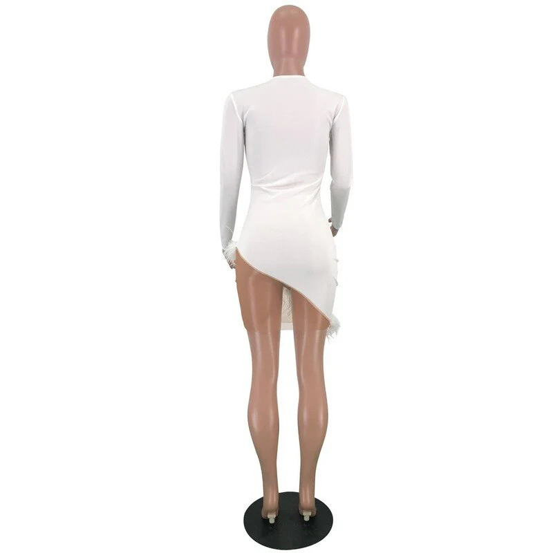 Sexy Women Spring Winter Mini Dress 2020 V-Neck Mesh Feather Patchwork Sexy Night Club - Image 7