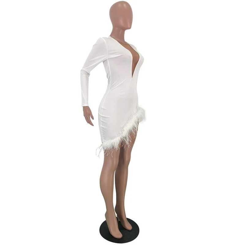Sexy Women Spring Winter Mini Dress 2020 V-Neck Mesh Feather Patchwork Sexy Night Club - Image 8