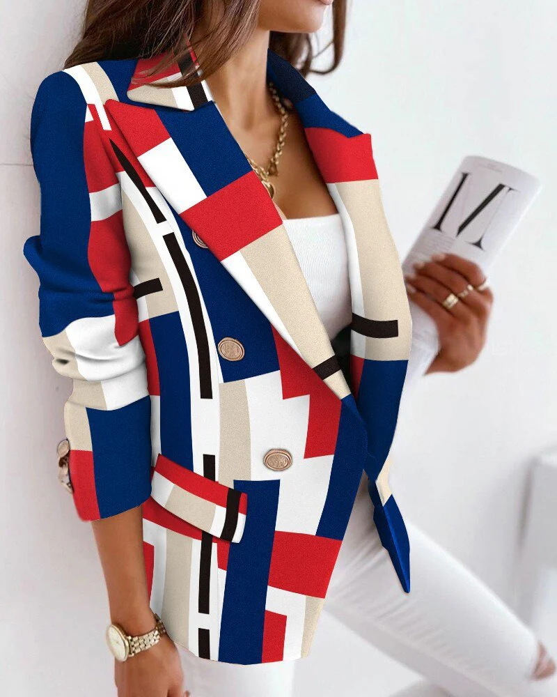 Sexy Women Suit Jacket Fashion Casual Color Print Lapel Long Sleeve Face Contrast Double-breasted - Image 10
