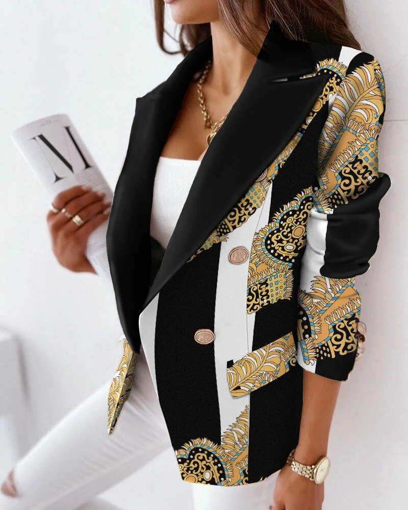 Sexy Women Suit Jacket Fashion Casual Color Print Lapel Long Sleeve Face Contrast Double-breasted - Image 16