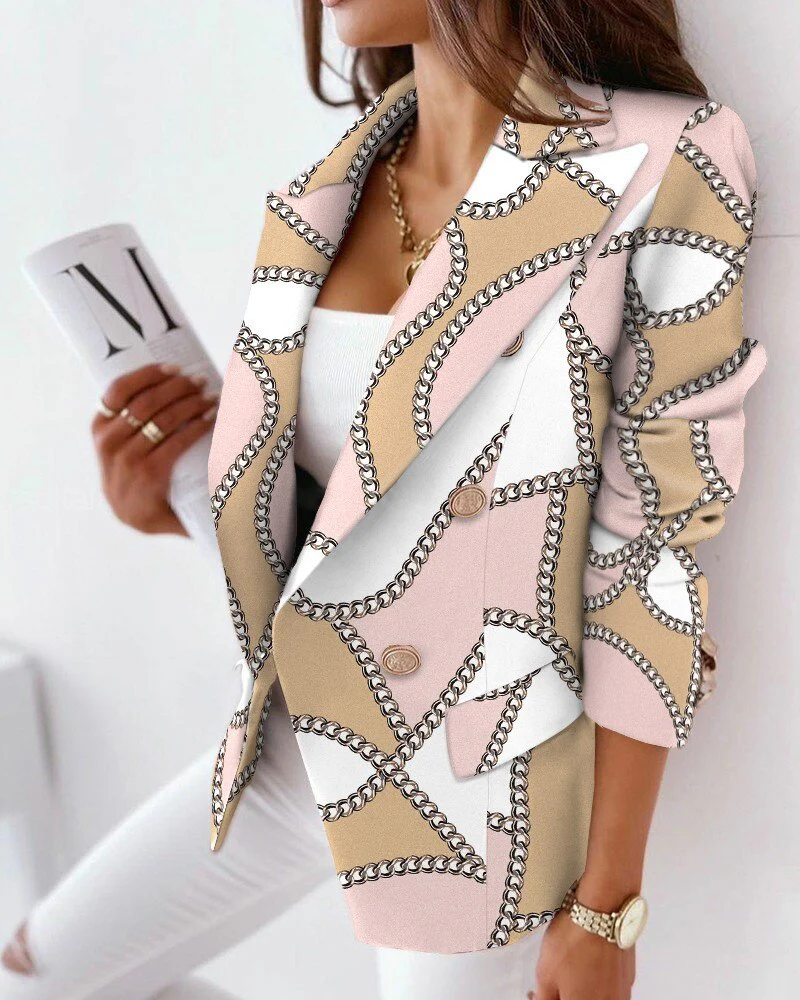 Sexy Women Suit Jacket Fashion Casual Color Print Lapel Long Sleeve Face Contrast Double-breasted - Image 2