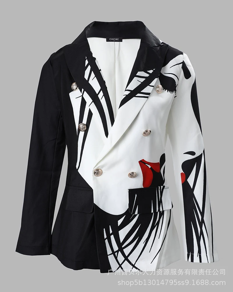 Sexy Women Suit Jacket Fashion Casual Color Print Lapel Long Sleeve Face Contrast Double-breasted - Image 20